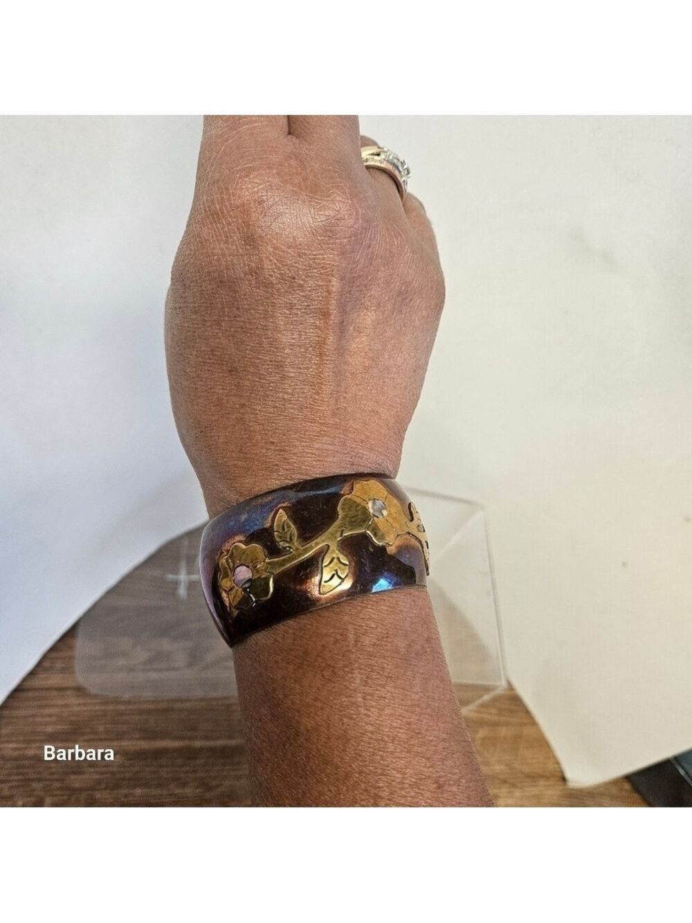 Vintage Mexican Copper with Brass Floral Inlay Open Cuff Bracelet